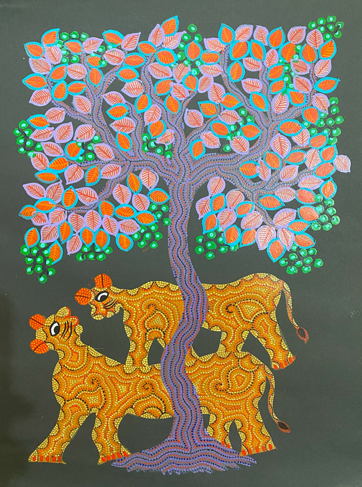 Animals under a Tree, Bhil Art by Geeta Bariya Thumbnail