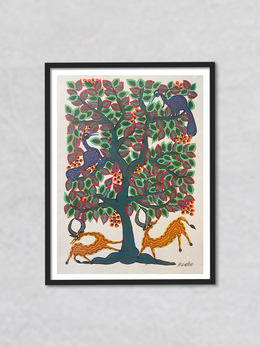 Animals around a Tree, Bhil Art by Geeta Bariya