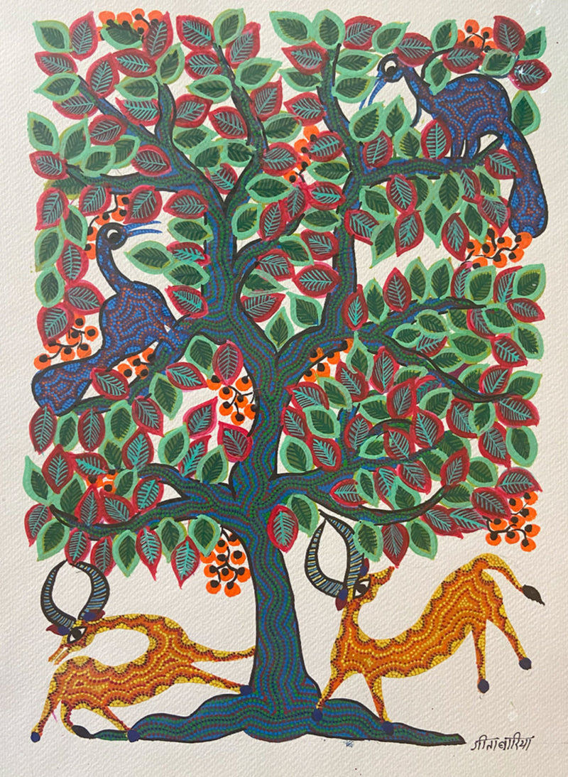 Buy Animals around a Tree, Bhil Art by Geeta Bariya