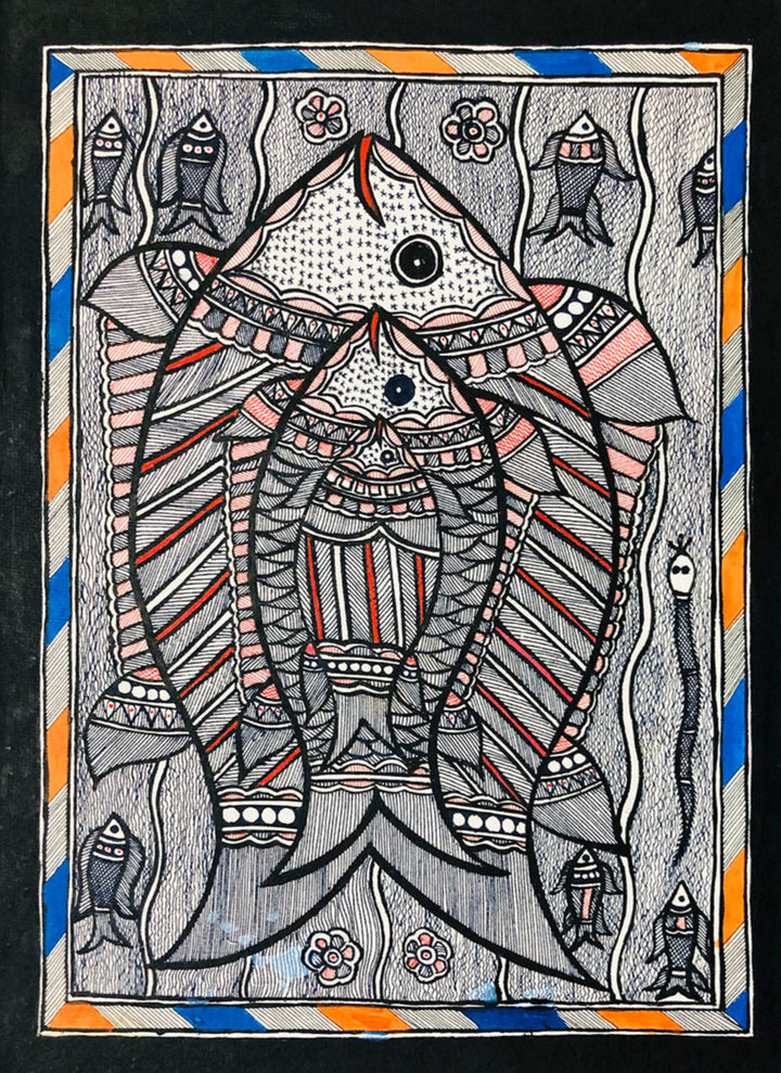 Aquatic Harmony - Captivating Pristine Habitat Madhubani Art by Ambika Devi Thumbnail