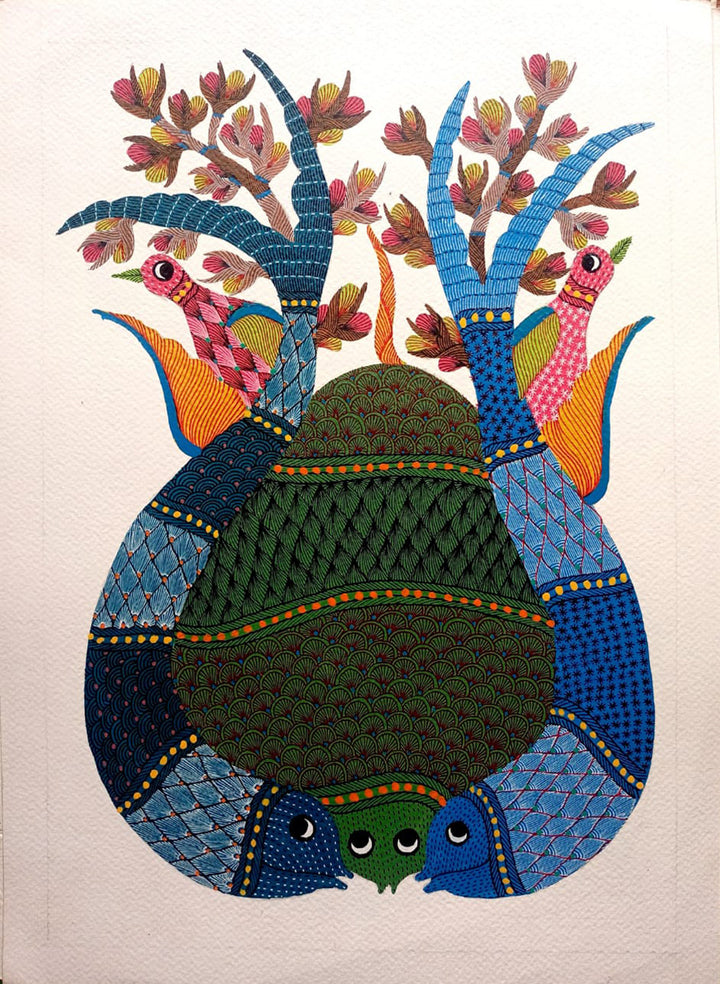 Aquatic Life: Fish and Bird in Gond by Kailash Pradhan Thumbnail