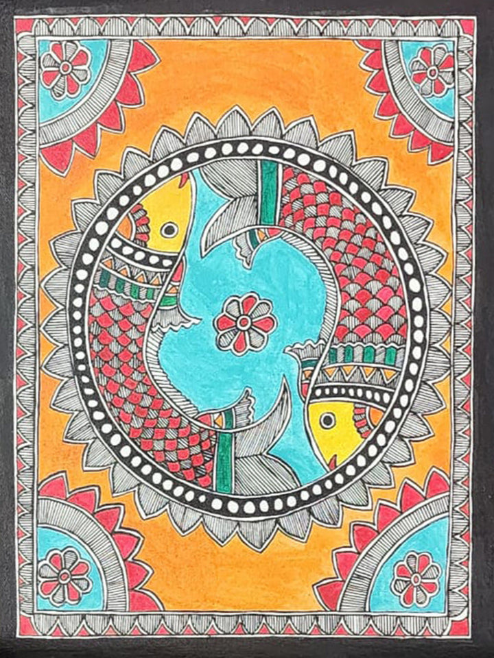 Aquatic serenade - Vibrant Symphony of Madhubani, Madhubani Painting by Priti Karn Thumbnail