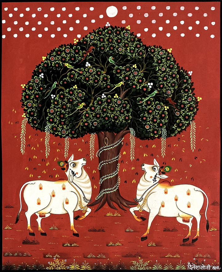Ashwatha Tree with Cows Pichwai Painting by Dinesh Soni Thumbnail