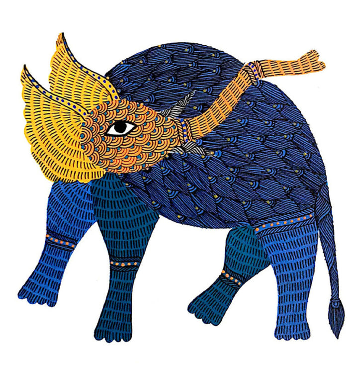 Azure Majesty: Serene Blue Elephant in Gond by Kailash Pradhan Thumbnail
