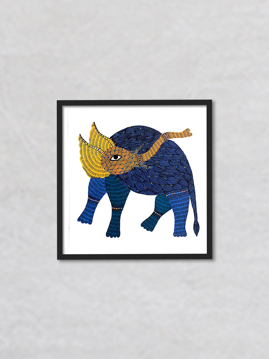Azure Majesty The Serene Blue Elephant of Gond Art