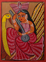 Maa Saraswati on a swan: Bengal Pattachitra by Manoranjan Chitrakar