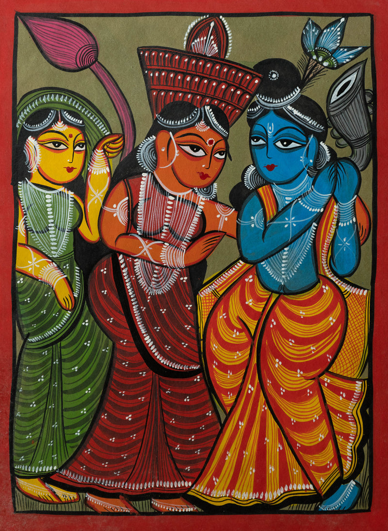 Radha-Krishna with Gopi: Bengal Pattachitra by Manoranjan Chitrakar