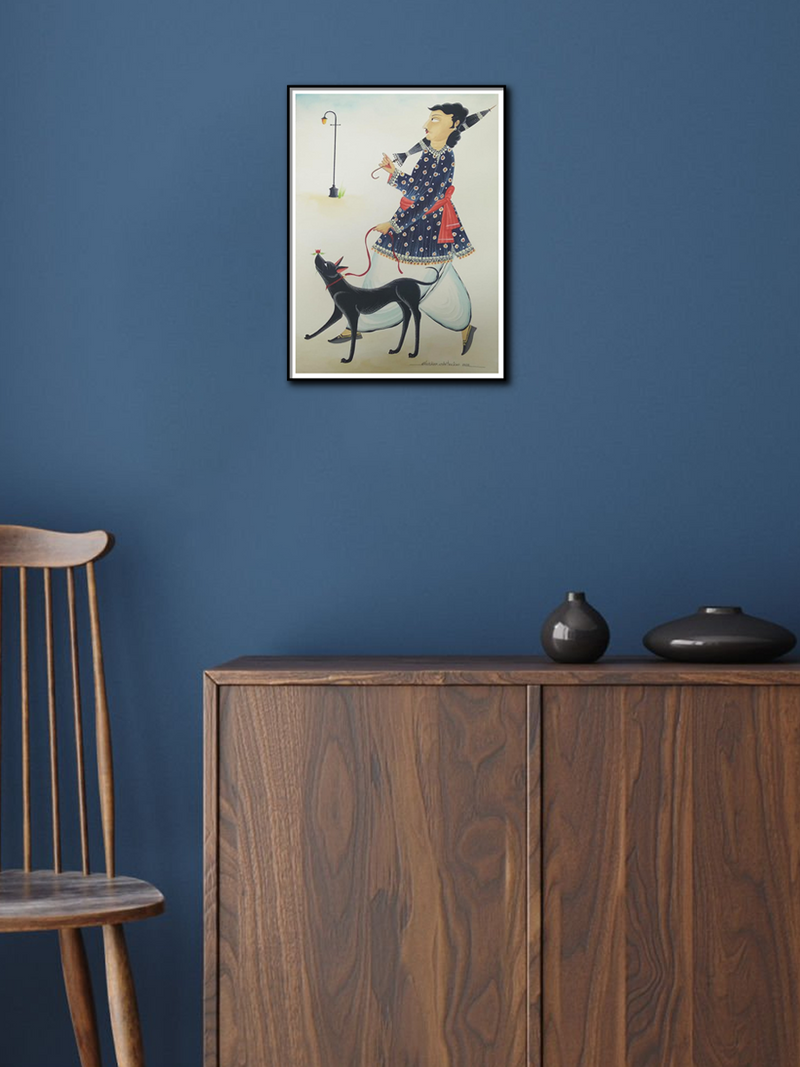 Babu and his Dog: Kalighat by Bhaskar Chitrakar for sale