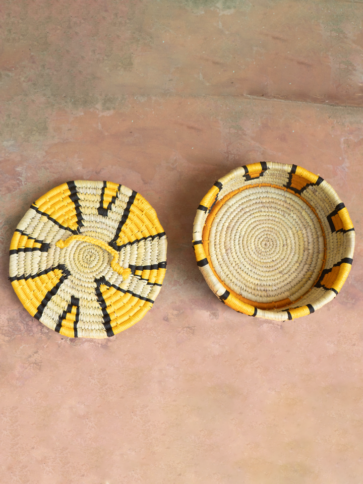 Basket with yellow blocks: Sabai Grass Work by Gouri Mohapatra Thumbnail