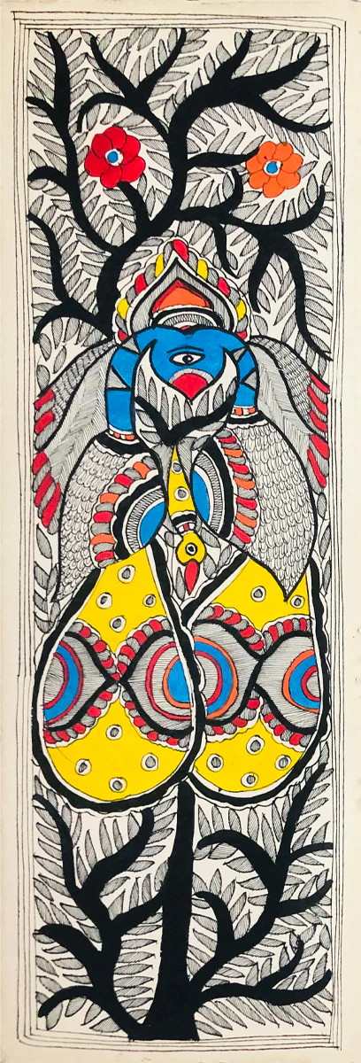 Beyond Boundaries: Peacocks' Confluence on the Tree of Unity Madhubani Art by Ambika Devi Thumbnail