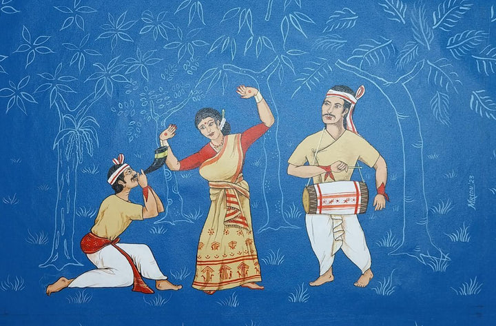 Bihu Dance in Assamese Painting by Mridu Moucham Bora Thumbnail