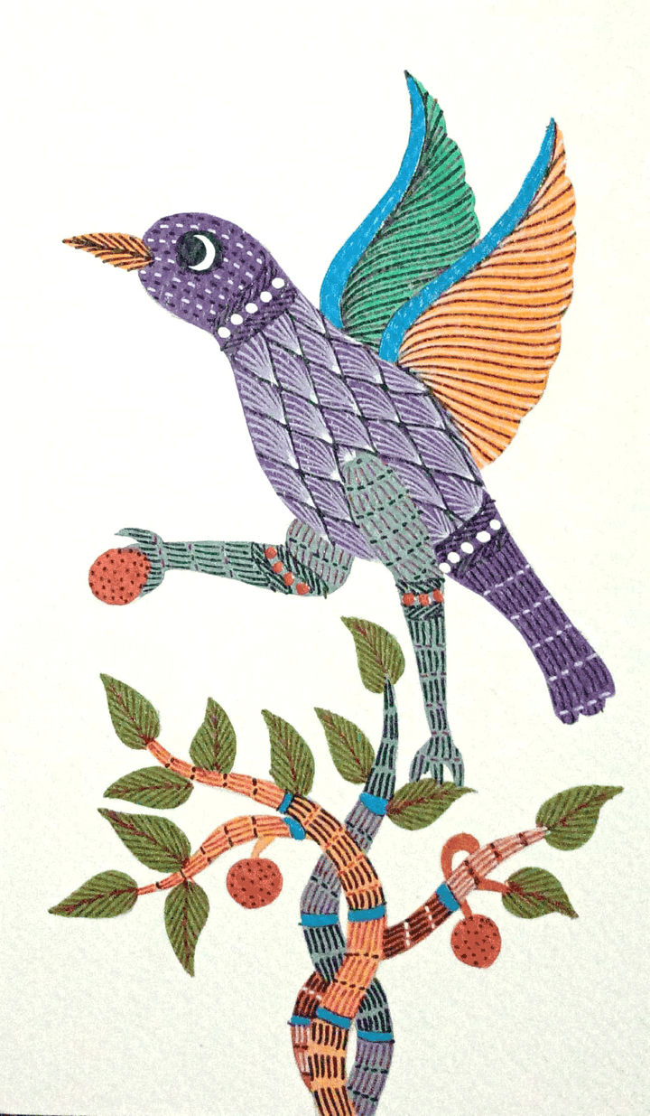 The Nature's Bounty: Bird with Fruits in Gond by Kailash Pradhan Thumbnail