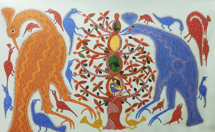 Birds amidst Greens in Bhil Painting by Bhuri Bai Thumbnail