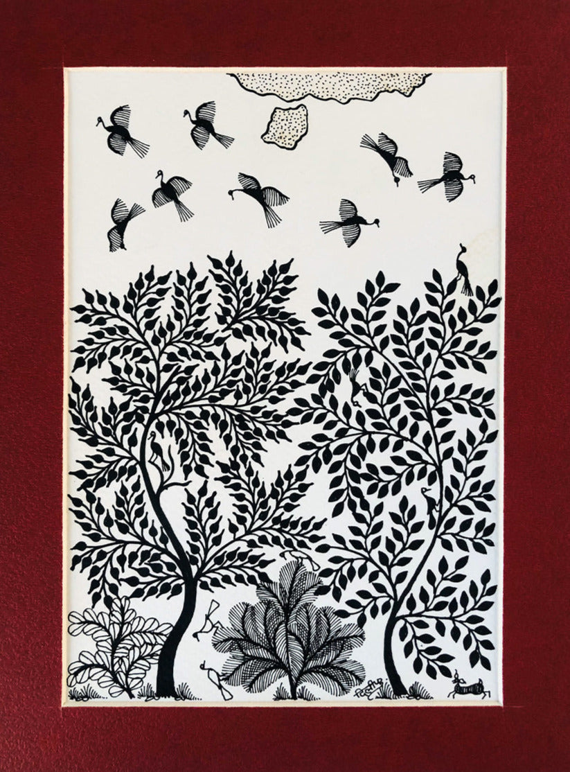 Birds and Trees, Warli Art by Dilip Bahotha