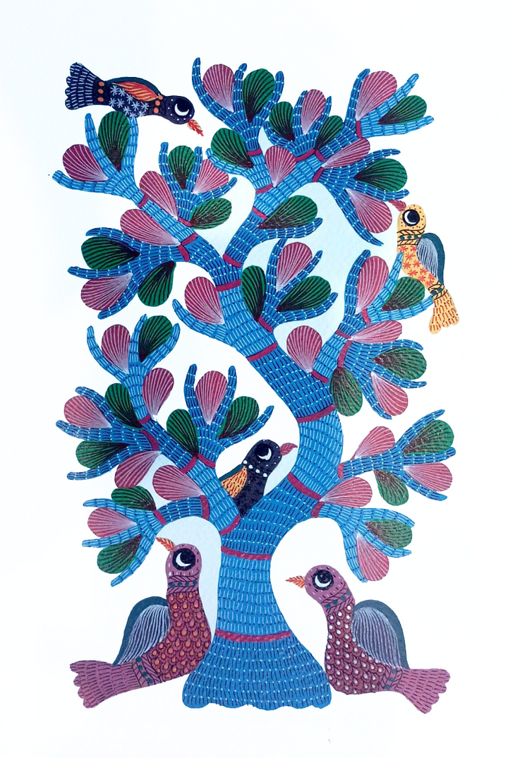 Nature's Enchantment: Birds and the Tree: Gond Art by Kailash Pradhan Thumbnail
