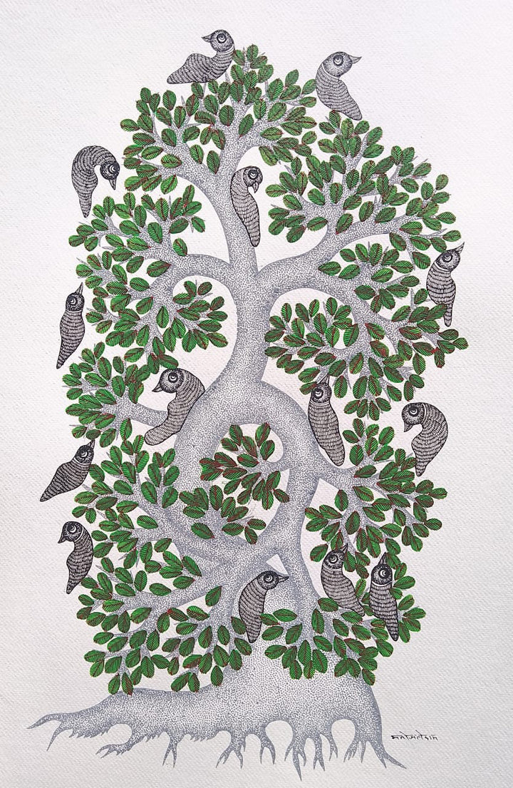 Birds on the tree in Gond art by Manoj Tekam Thumbnail