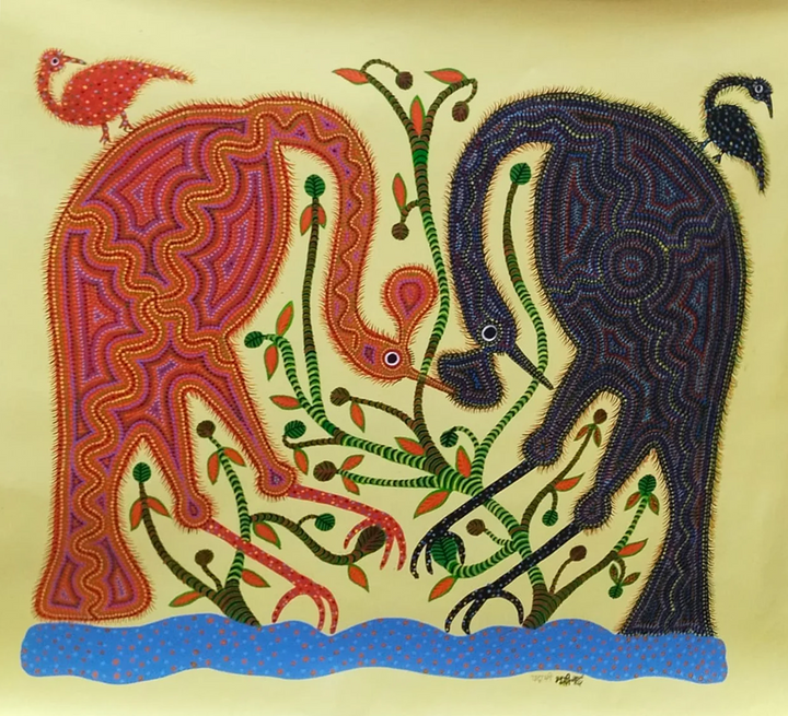 Birds in Nature Bhil Painting by Bhuri Bai Thumbnail