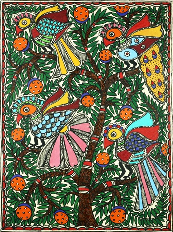 Birds on Tree Madhubani Painting by Ambika Devi Thumbnail