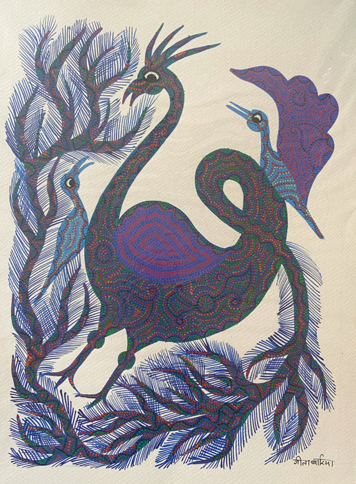 Birds on a Tree, Bhil Art by Geeta Bariya Thumbnail