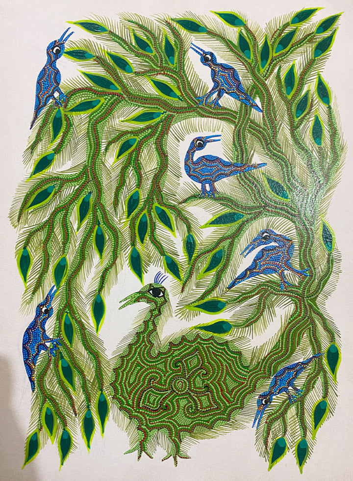 Birds on a Tree, Bhil Art by Geeta Bariya Thumbnail