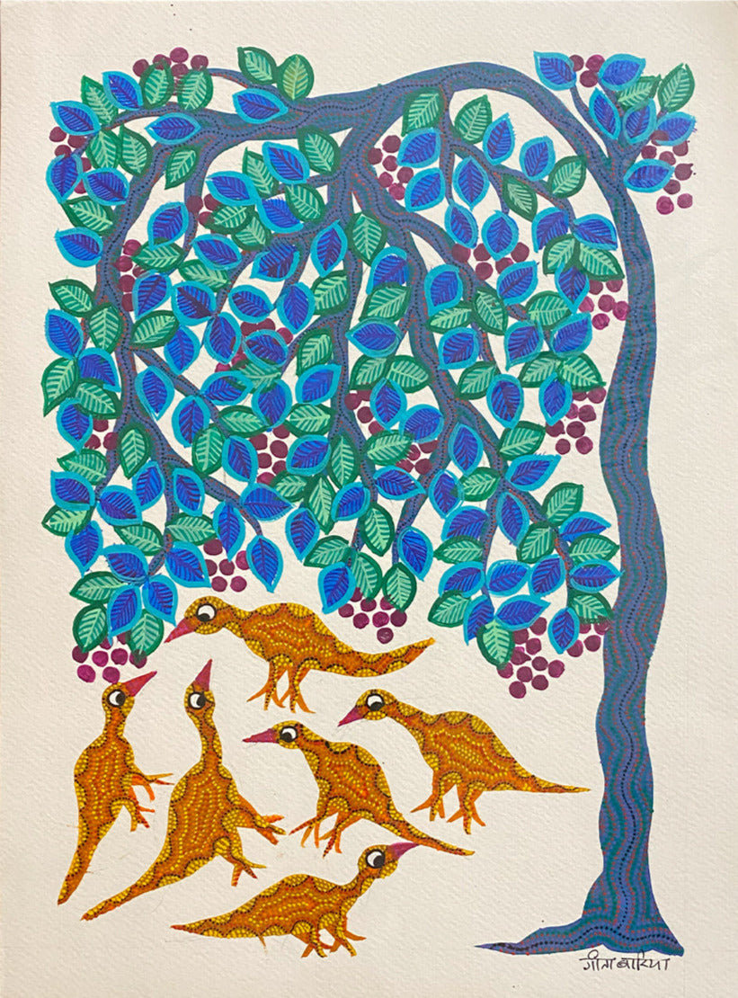 Buy Birds under the tree, Bhil Art by Geeta Bariya