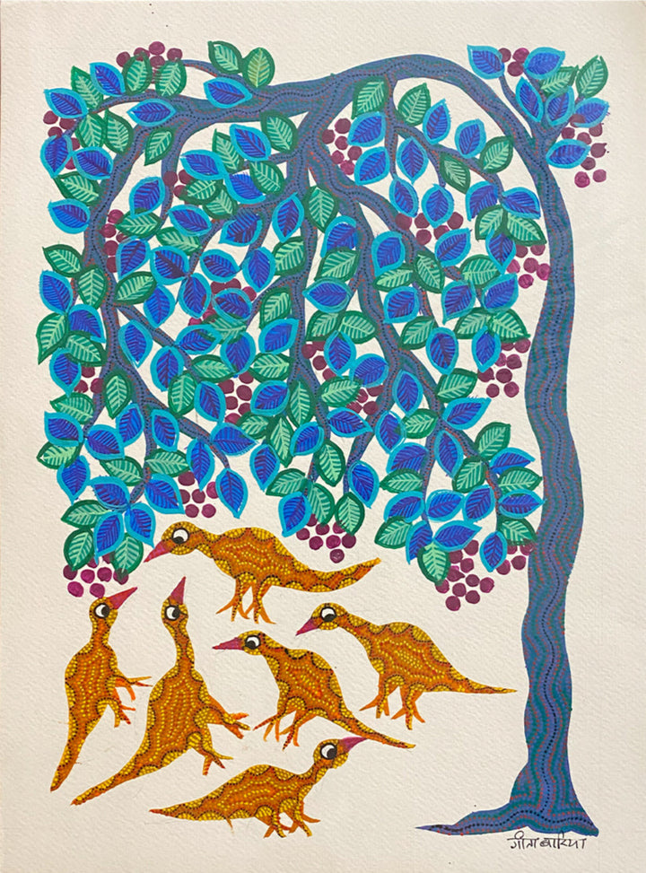 Birds under the tree, Bhil Art by Geeta Bariya Thumbnail