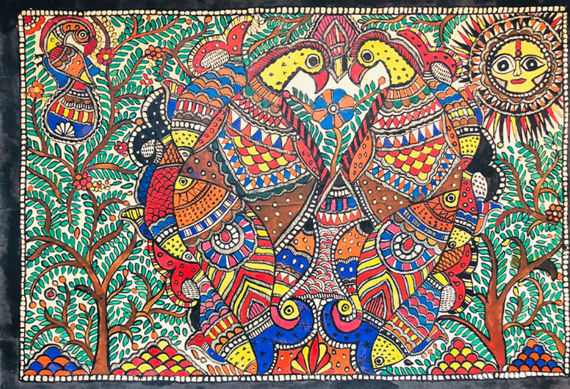 Harmony of Wings and Fins: Nature's Symbiosis, Madhubani by Ambika devi