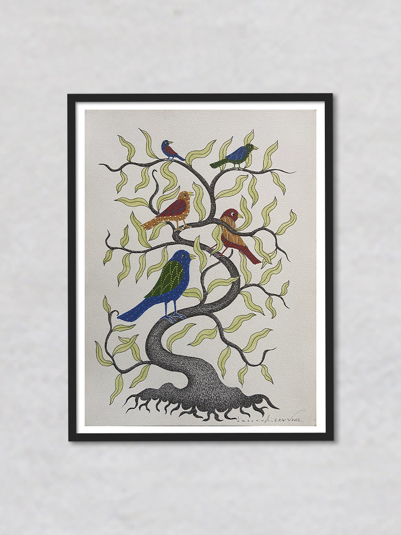 Birds on Tree, Gond painting by Venkat Shyam