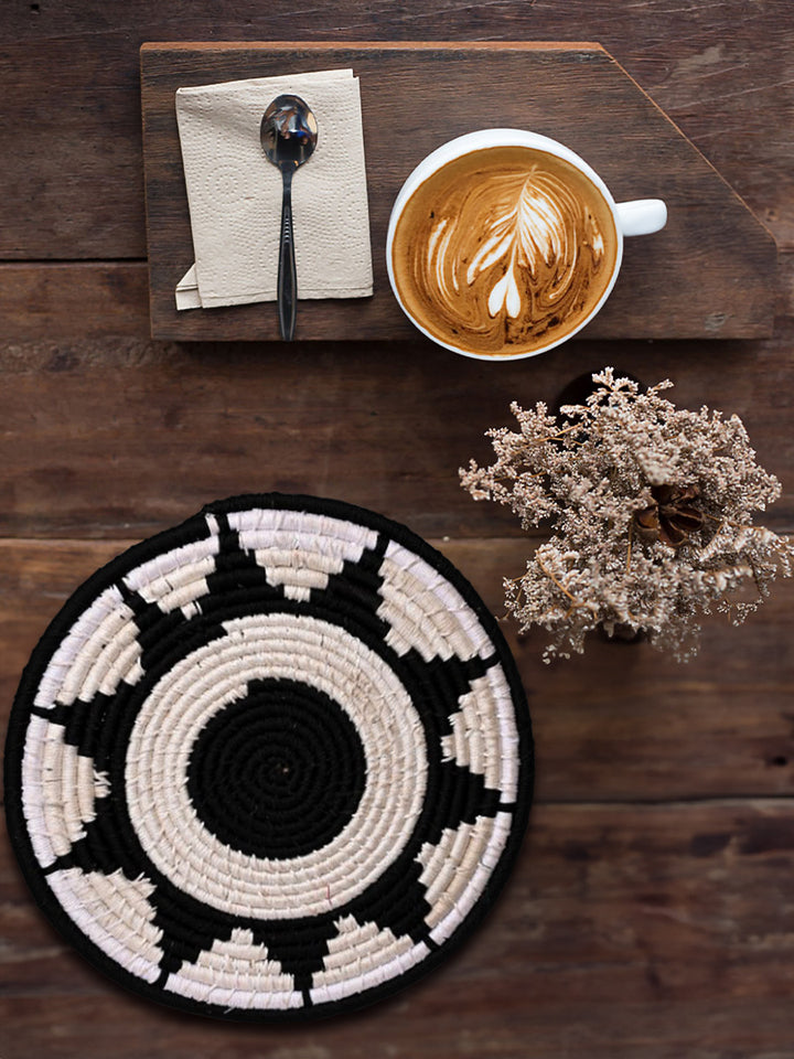 Black and white geometric patterned straw basket: Grasswork by Mayur Shilpa Thumbnail
