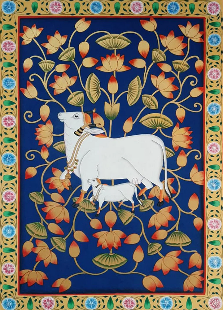 Blossoming amidst Maternal Devotion: Kamdhenu and Calf In Pichwai by Shehzaad Ali Sherani Thumbnail