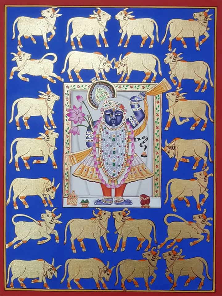 The Divine Radiance of Shrinathji and Sacred Cows In Pichwai by Shehzaad Ali Sherani Thumbnail