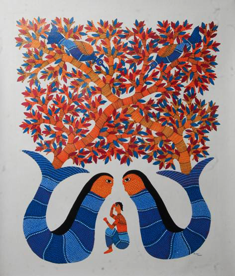 Blue Mermaids with Blossoming Tree and Birds: A Gond Painting by Kailash Pradhan Thumbnail