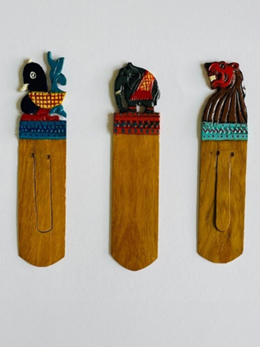Wooden Ganjifa Bookmarks (Lion, Elephant, Peacock) by Sawant Bhonsle for sale
