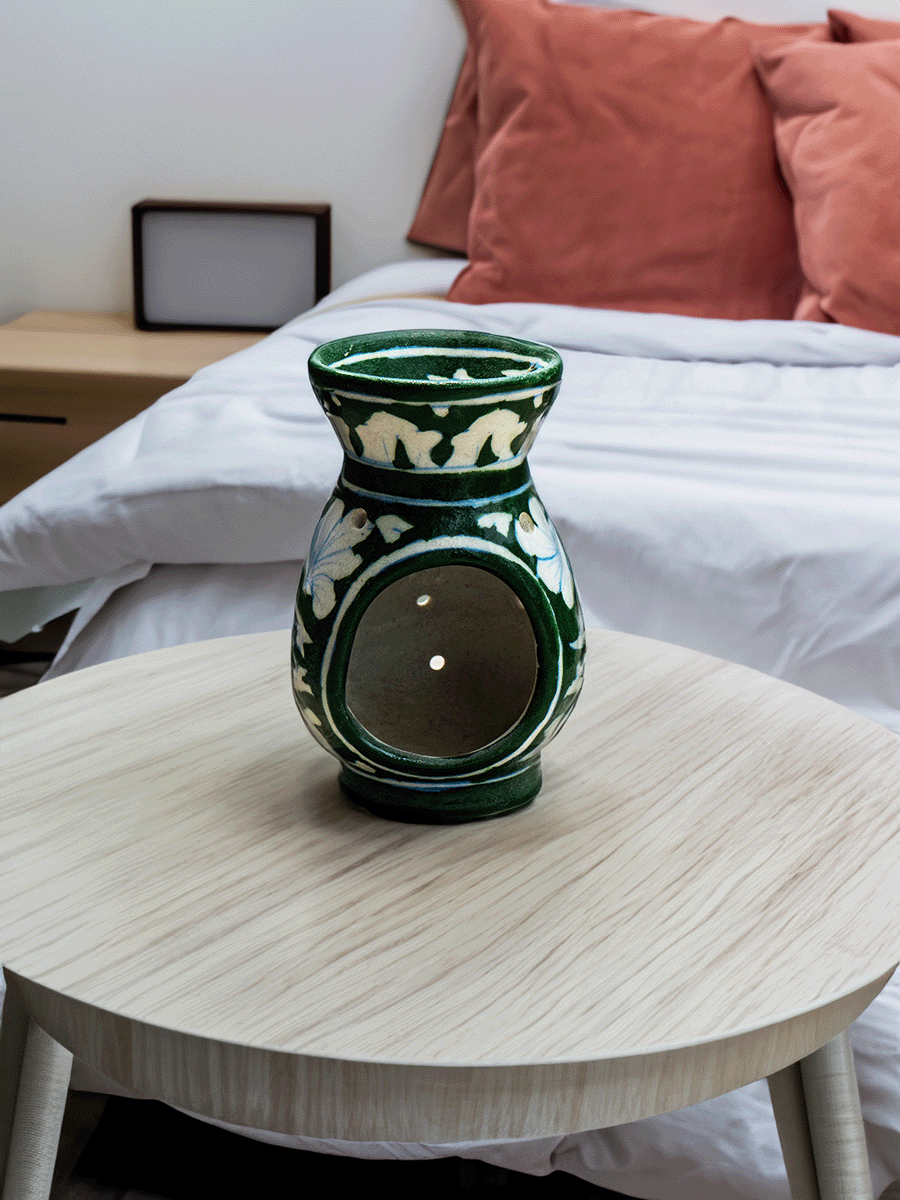Purchase Botanical Elegance: Tealight Glow in the Enchanted Green Pot Tealight holder Blue Pottery By Gopal Saini