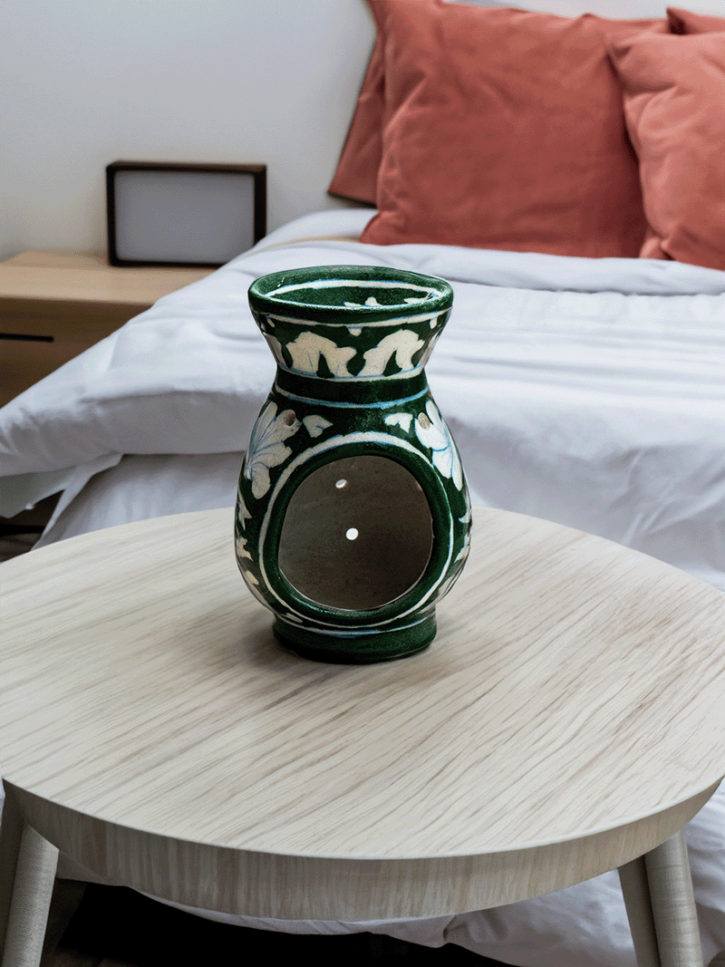 Purchase Botanical Elegance: Tealight Glow in the Enchanted Green Pot Tealight holder Blue Pottery By Gopal Saini