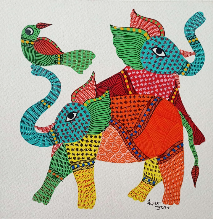 The Elephant Duo and Bird: A Unique Bond in Gond by Kailash Pradhan Thumbnail