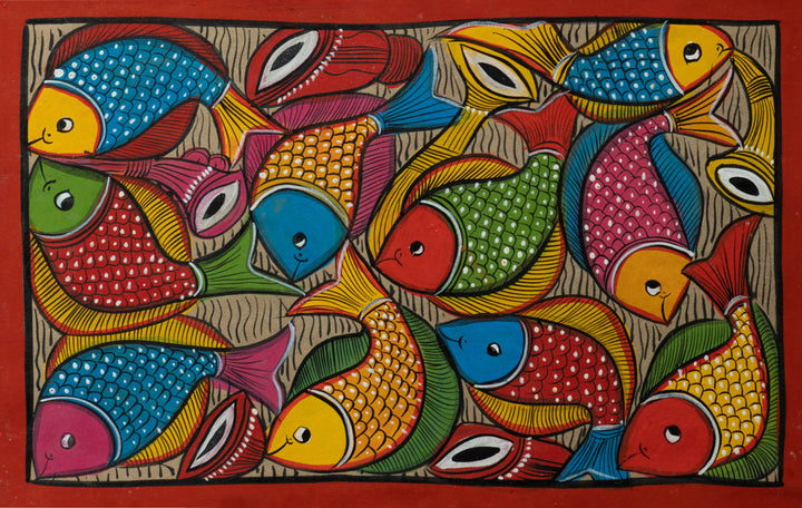 Bright-hued fishes in Santhal-Tribal Pattachitra by Manoranjan Chitrakar Thumbnail