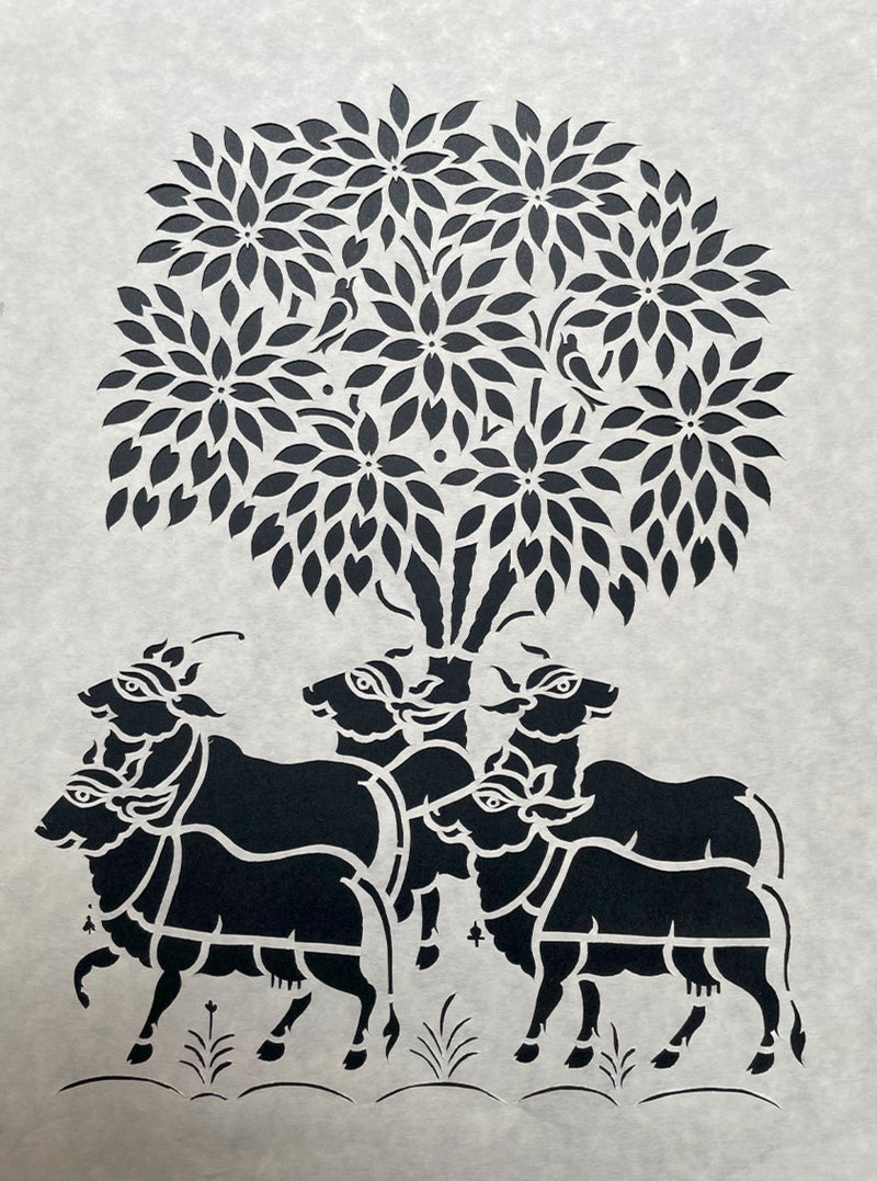 Bulls under Kadam Tree, Sanjhi Artwork By Ashutosh Verma
