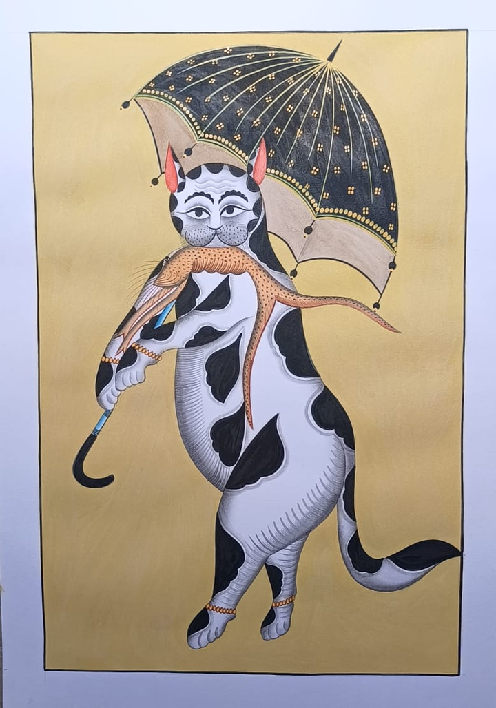 Cat with a Fish Holding an Umbrella in Kalighat by Uttam Chitrakar Thumbnail