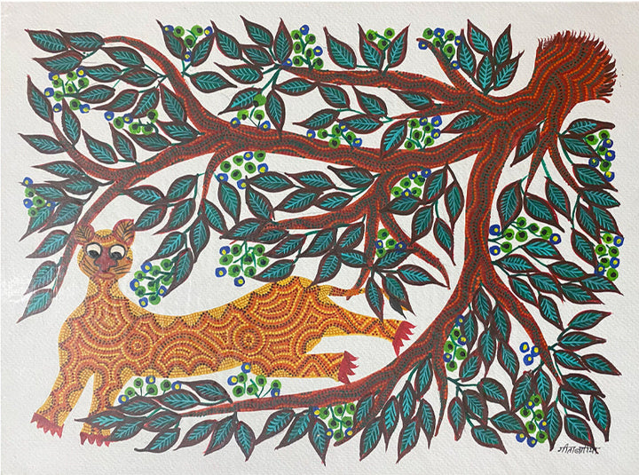 Cat on a Tree, Bhil Art by Geeta Bariya Thumbnail