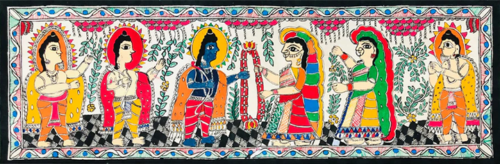 Celebration of Union: Sita-Ram Swayamvar in Madhubani Hues Madhubani Painting by Ambika Devi Thumbnail