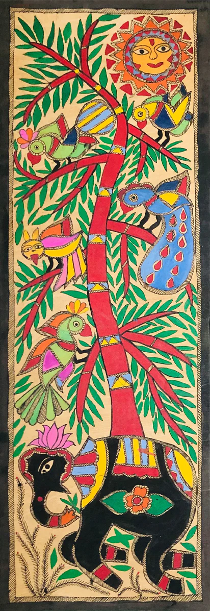 Celestial Gathering: Elephant, Birds, and the Radiant Sun God Madhubani Painting by Ambika Devi Thumbnail