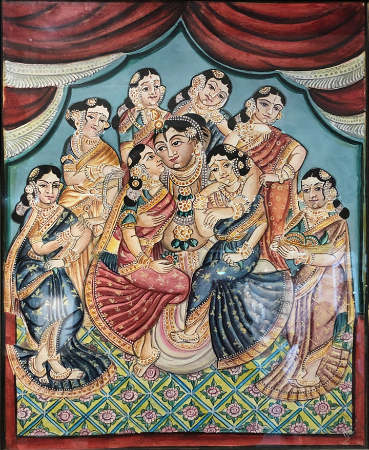 Celestial Harmony: Lord Krishna's grace with his consorts Mysore painting by Hemalatha B Thumbnail