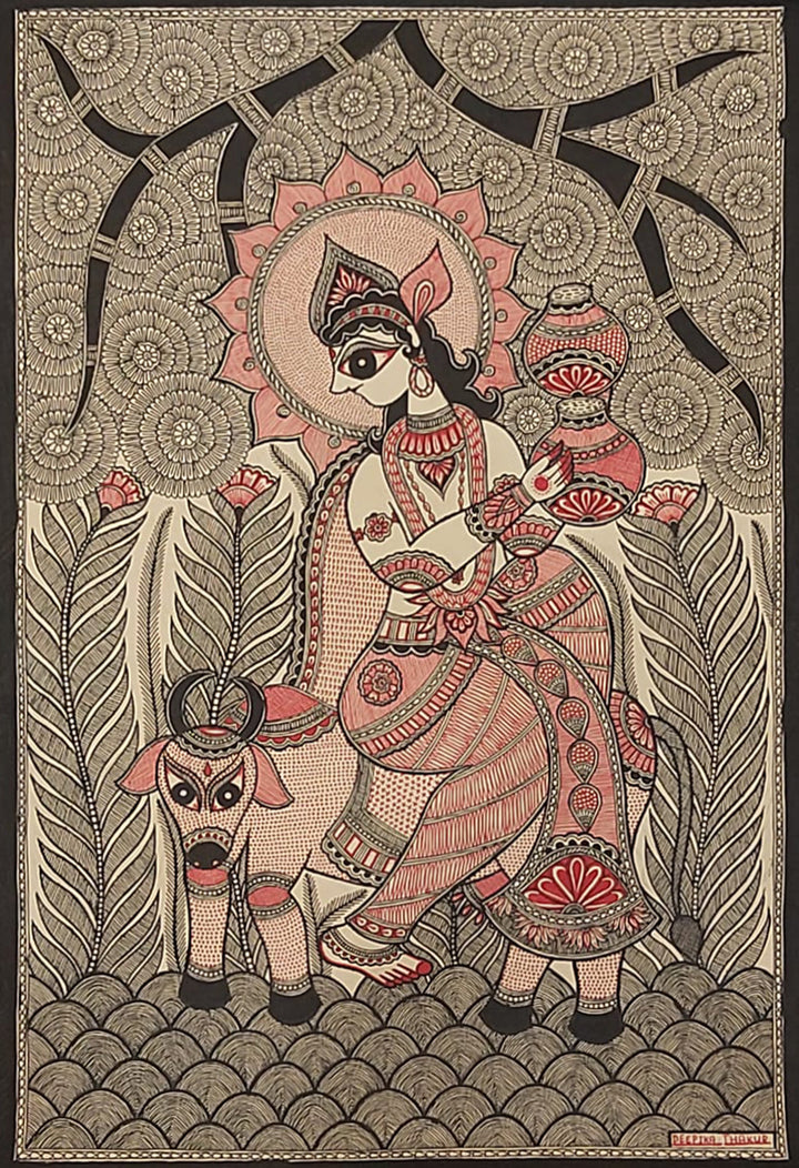 Celestial Rhapsody: Krishna and his Surabhi Cow in Madhubani Splendor of Madhubani by Priti Karn Thumbnail