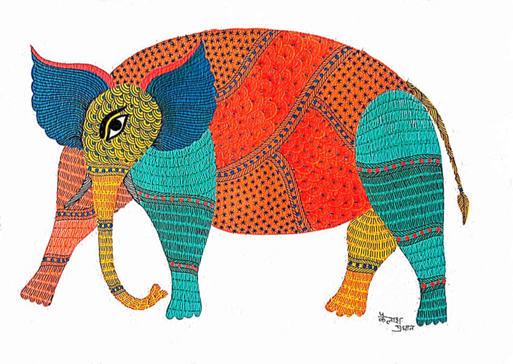 Colorful Elephant in Gond Painting by Kailash Pradhan Thumbnail