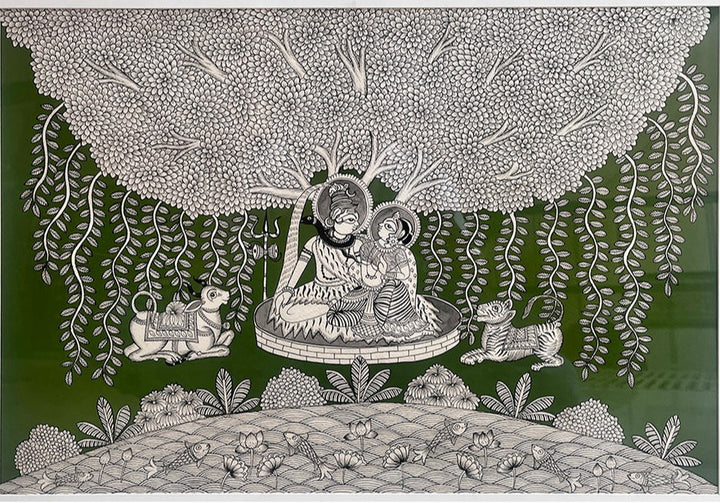 Celestial Union: Shiva-Parvati's Divine Bond, Phad Painting by Kalyan Joshi Thumbnail