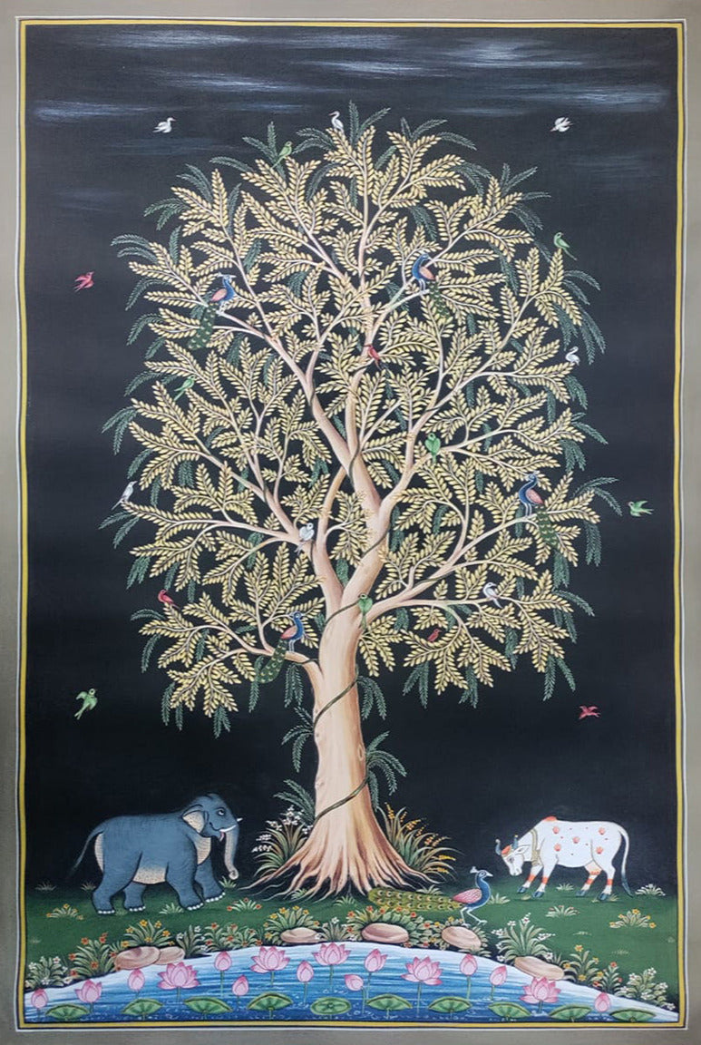 Buy Celestial Canopy: Tree of Life and Sacred Animals Pichwai painting by Dinesh Soni