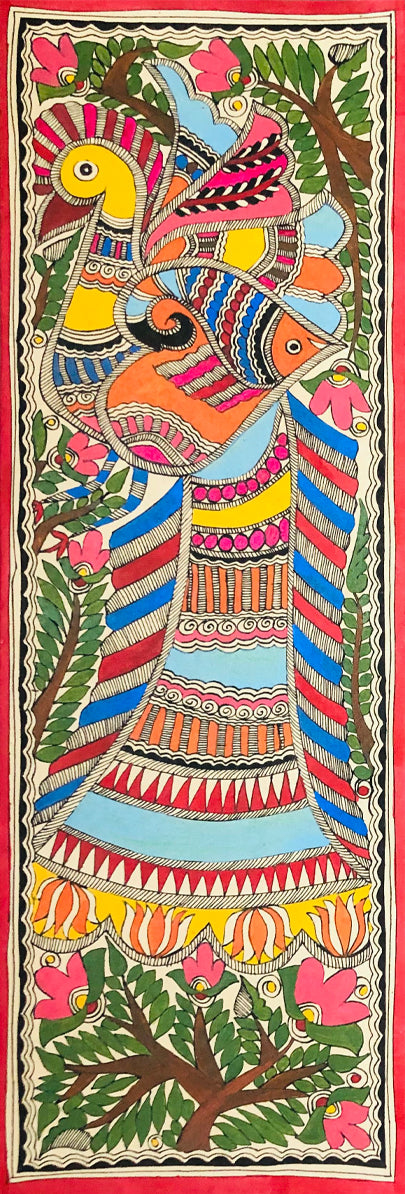 Buy Celestial Companions Peacock's Plume and the Fish's Tale Madhubani Art by Ambika Devi