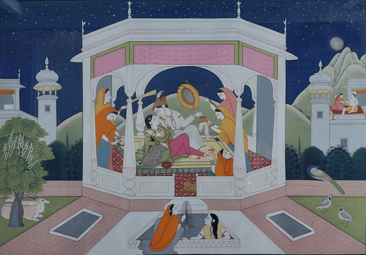 Chandni Raat Mein Prem Milan in Kangra Miniature by Anshu Mohan Thumbnail