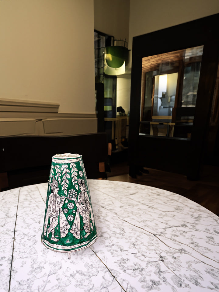 Charming Harmony: Green Radha Krishna Tholu Bommalata Tabletop Lamp by Kanday Anjanappa Thumbnail